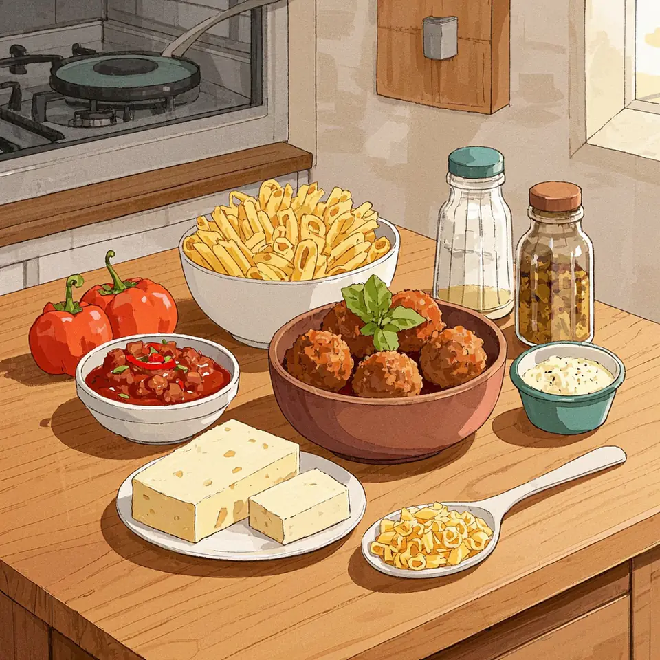 Baked Manicotti with Italian Style Meatballs and Smoked Mozzarella ingredient setup