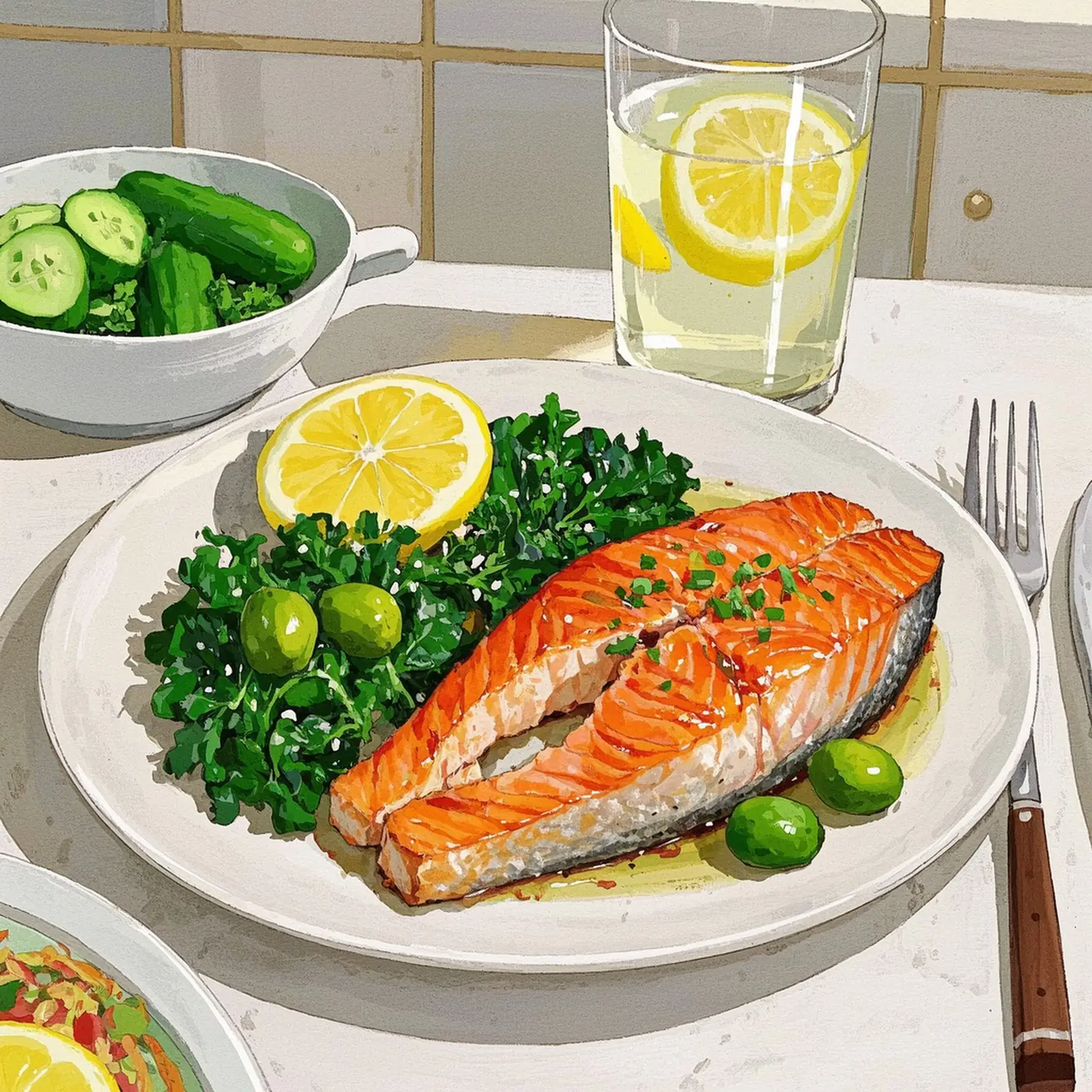 Baked Salmon with Spicy Garlic Kale plated
