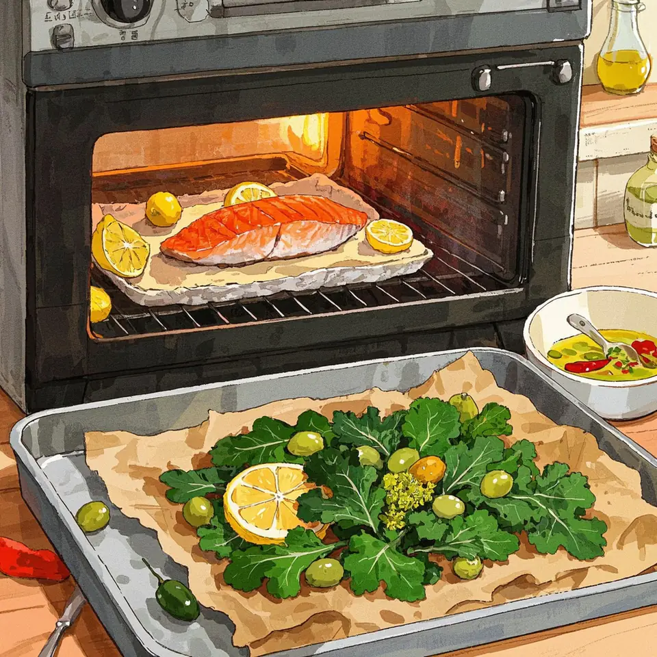 Baked Salmon with Spicy Garlic Kale process