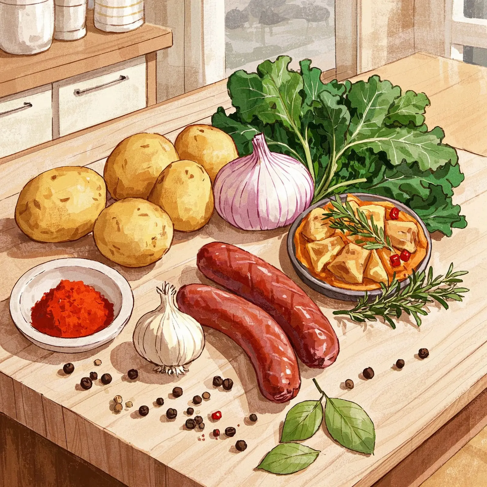 Caldo Verde Authentic Portuguese Kale Soup ingredient setup