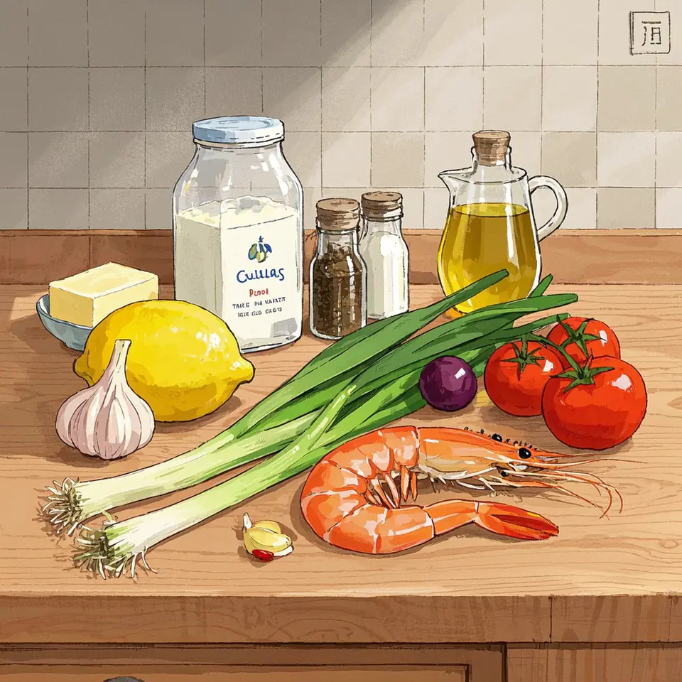 Creamy Shrimp Tagliatelle with Heirloom Tomatoes, Garlic, and Chili ingredients