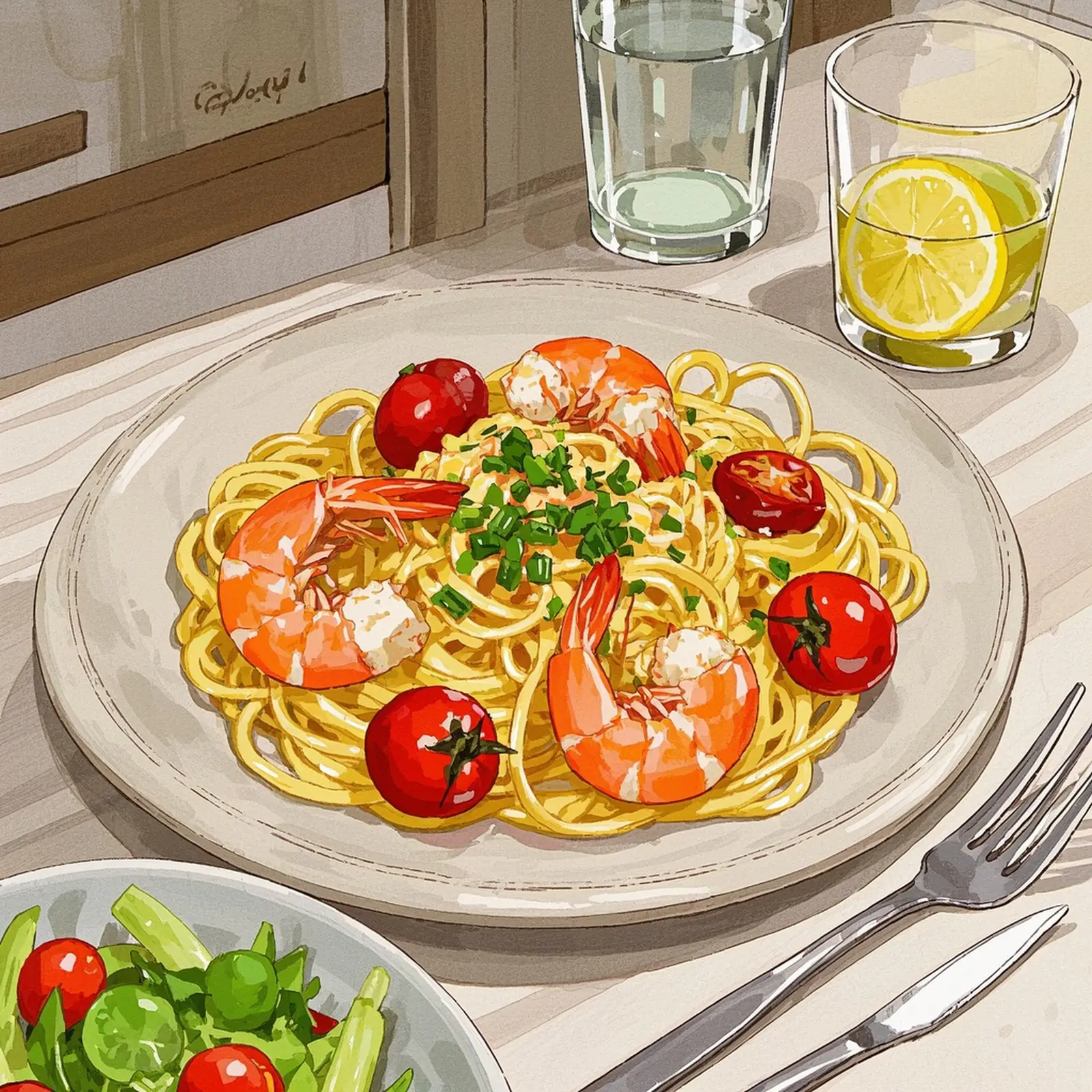 Creamy Shrimp Tagliatelle with Heirloom Tomatoes, Garlic, and Chili plated