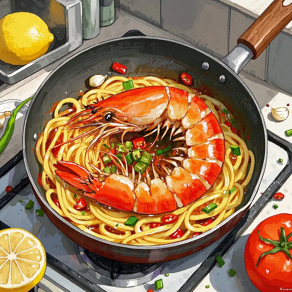 Creamy Shrimp Tagliatelle with Heirloom Tomatoes, Garlic, and Chili process