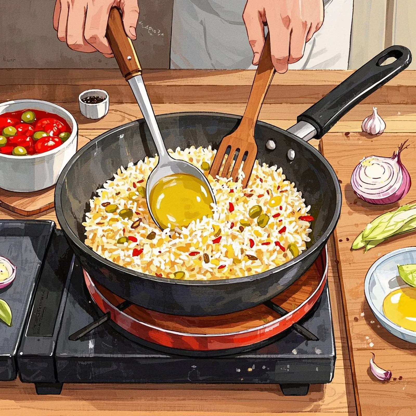 Easy Spanish Rice cooking process