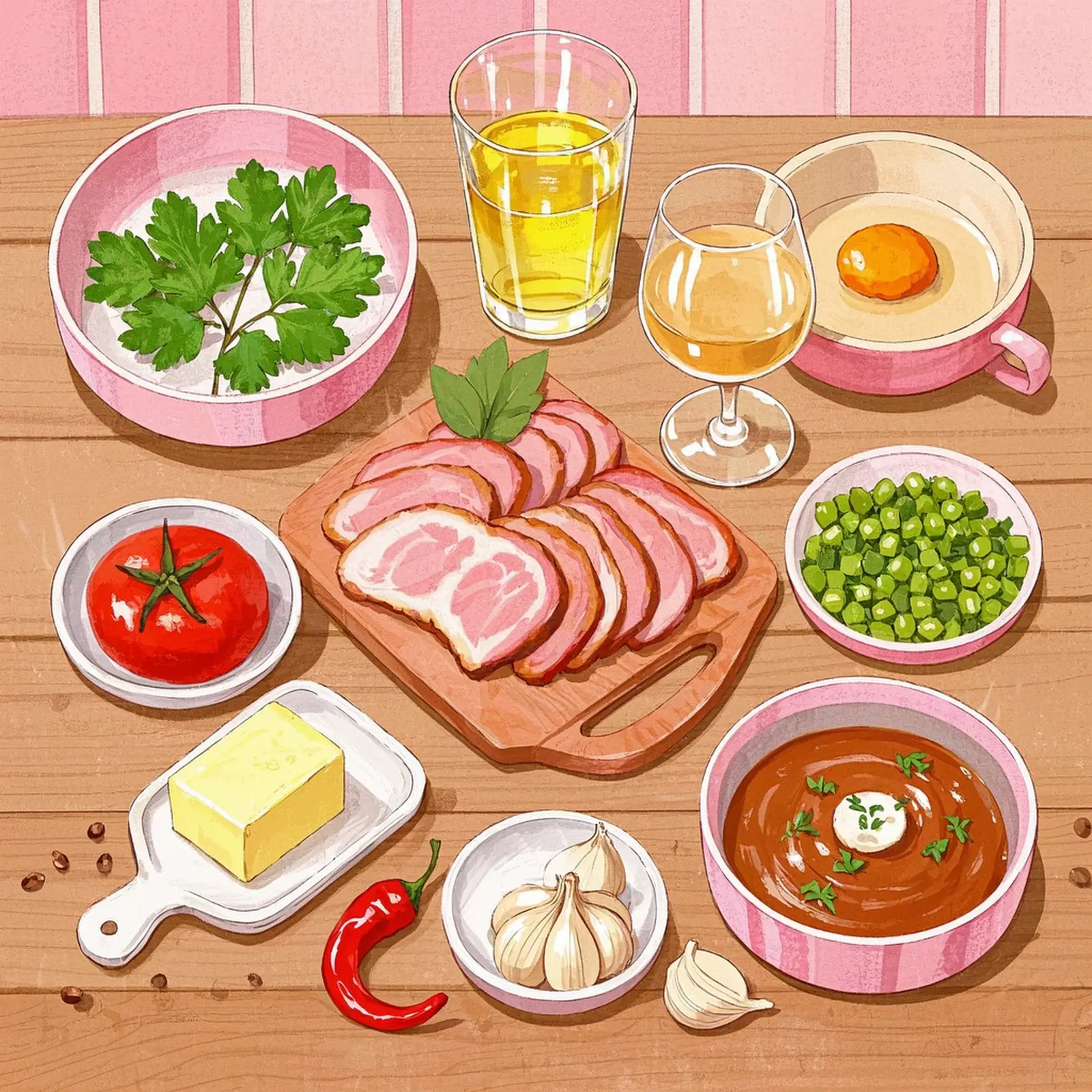 Ervilhas Com Ovos Escalfados Peas With Eggs And Chourico ingredient setup