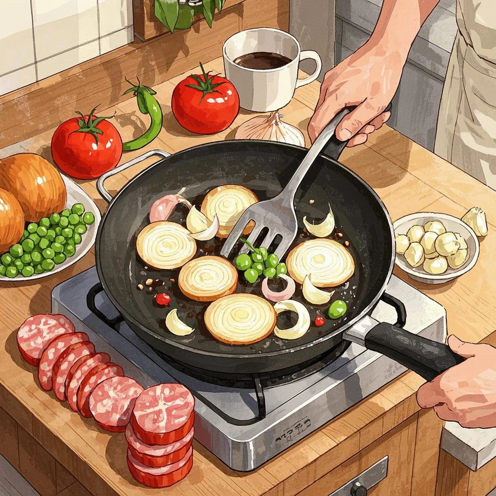 Ervilhas Com Ovos Escalfados Peas With Eggs And Chourico cooking process