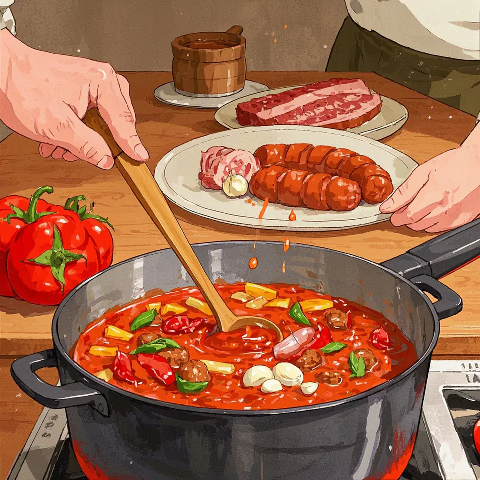 Italian Sunday Gravy (Sugo) cooking process