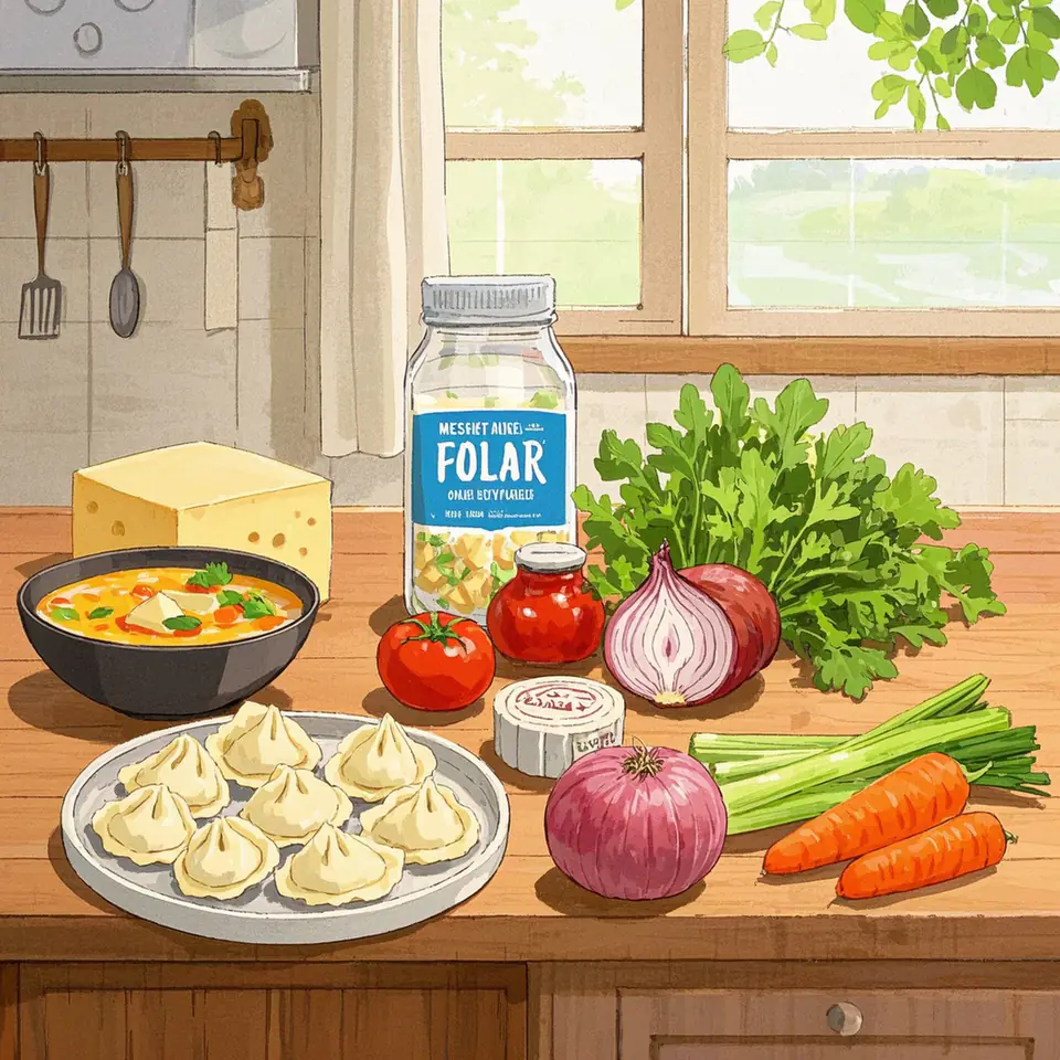 Mini Rounds Cheese Ravioli Soup with Italian Sausage and Baby Arugula ingredient setup