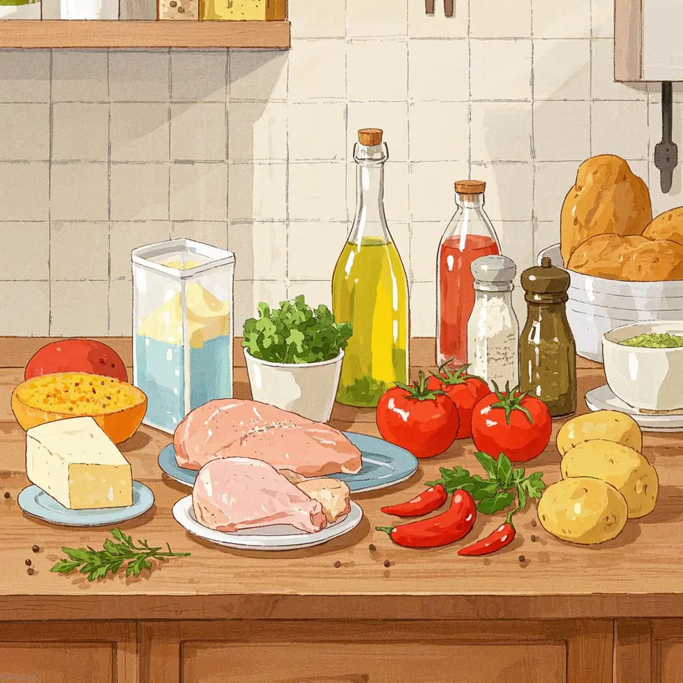 Mozzarella-Crusted Chicken with Blistered Tomatoes and Potato Wedges ingredients