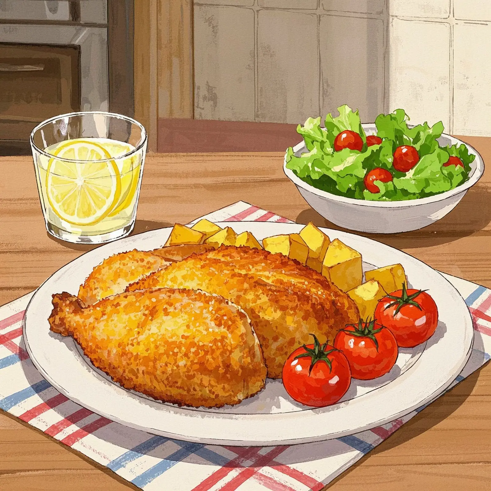 Mozzarella-Crusted Chicken with Blistered Tomatoes and Potato Wedges plated