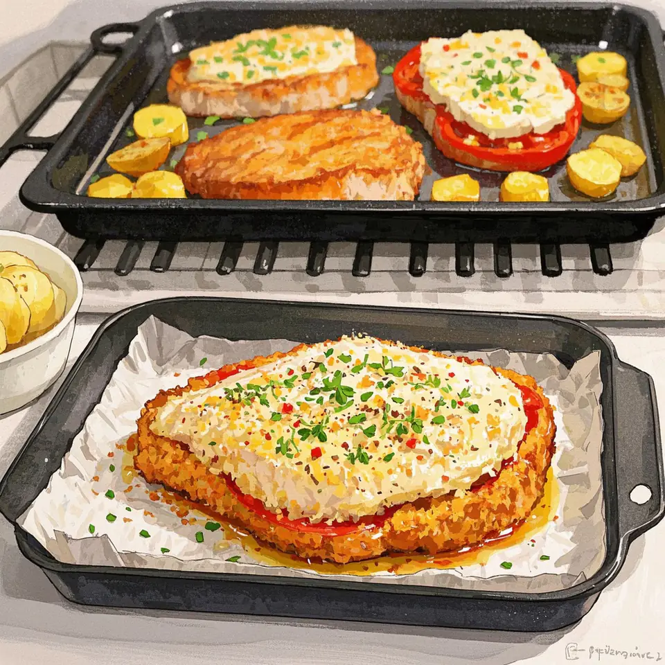 Mozzarella-Crusted Chicken with Blistered Tomatoes and Potato Wedges process