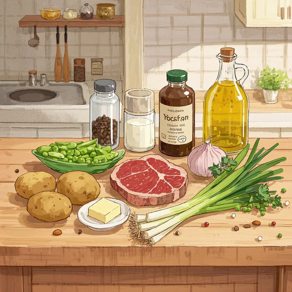 New York Strip Steak with Truffled Mashed Potatoes and Green Beans Almandine ingredients