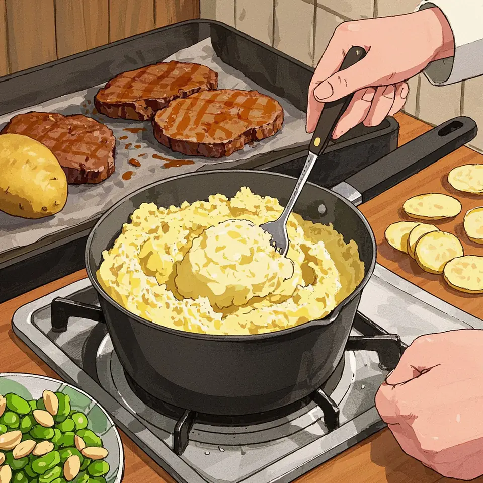 New York Strip Steak with Truffled Mashed Potatoes and Green Beans Almandine process