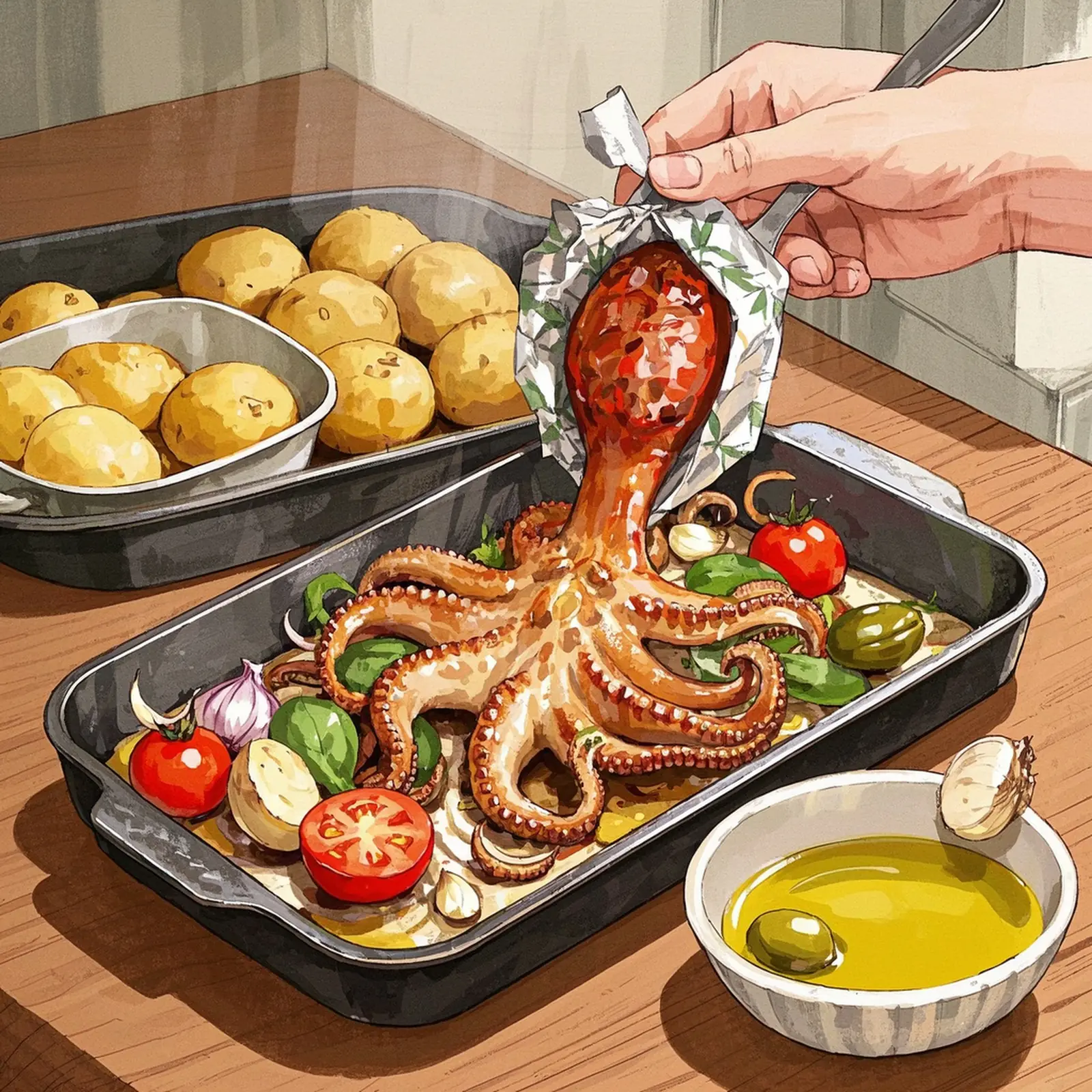 Polvo A Lagareiro Portuguese Baked Octopus cooking process