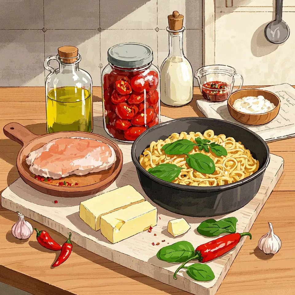 Spicy Tuscan Chicken Pasta ingredient setup
