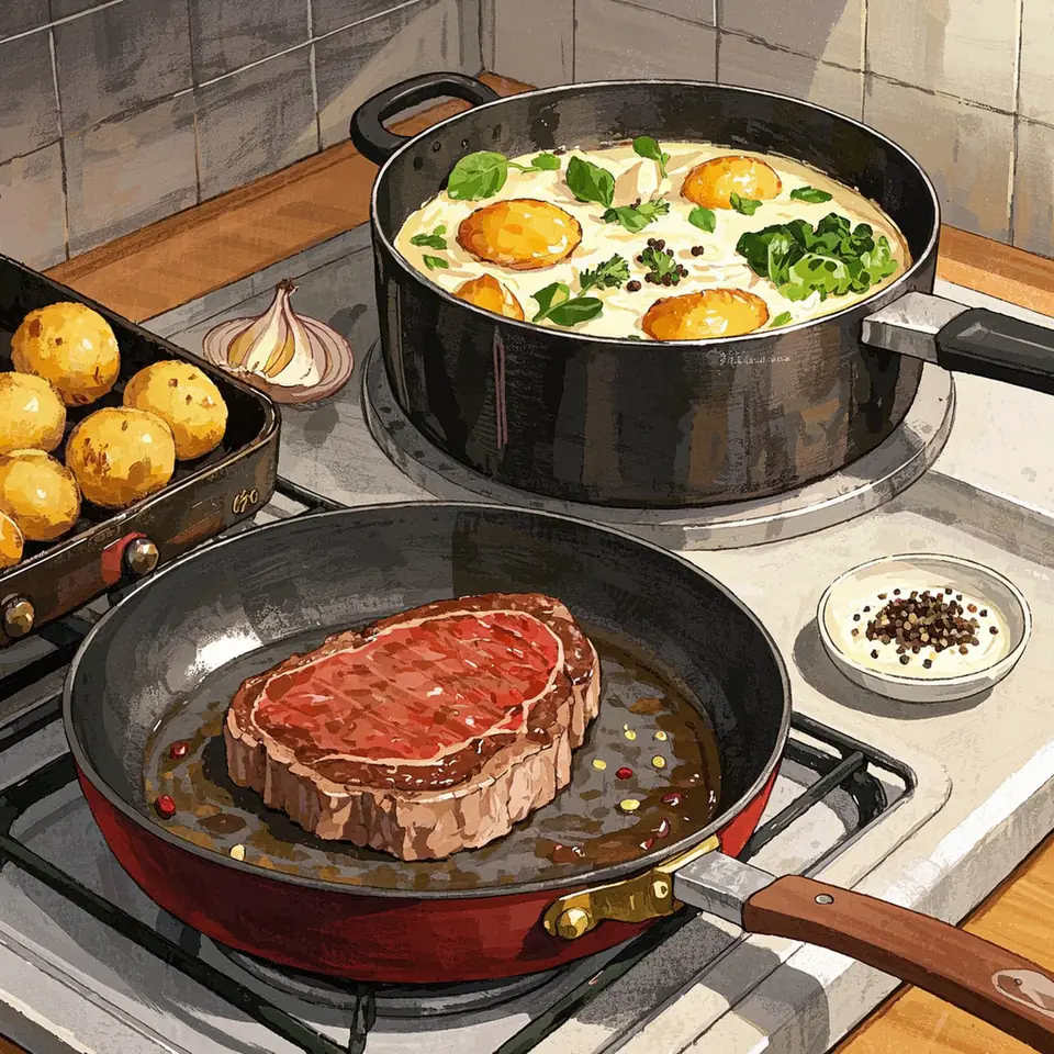 When Steak Met Potatoes and Creamed Kale with Peppercorn Sauce process