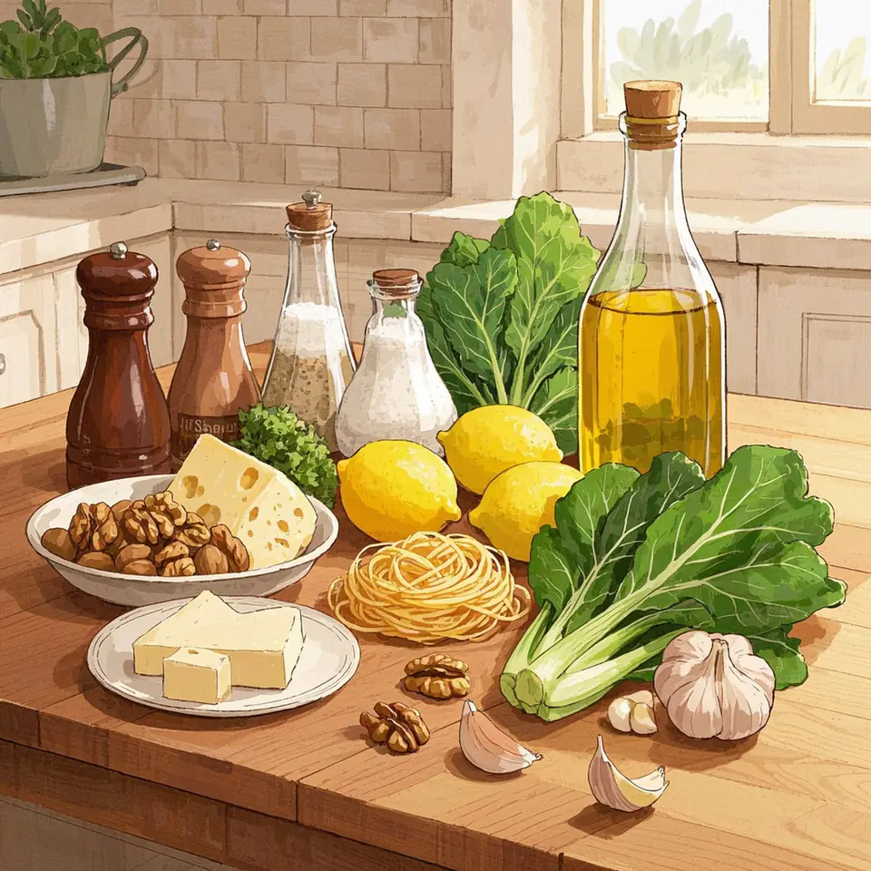 Whole-Wheat Pasta with Toasted Walnuts, Greens, and Ricotta ingredients