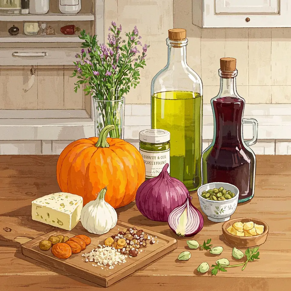 Winter Farro Salad with Roasted Vegetables and Feta ingredients